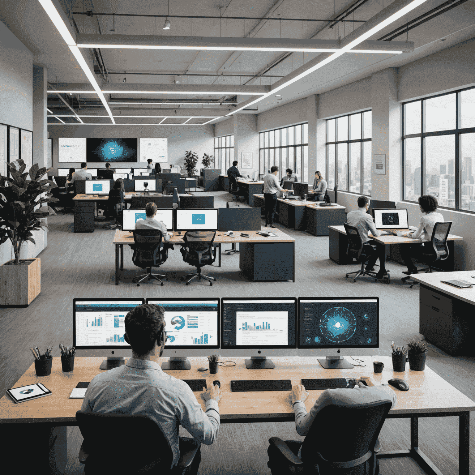 A modern office space with employees using various devices connected to Etisal's new enterprise connectivity solutions. Visible are laptops, smartphones, and tablets displaying real-time data and communication interfaces.