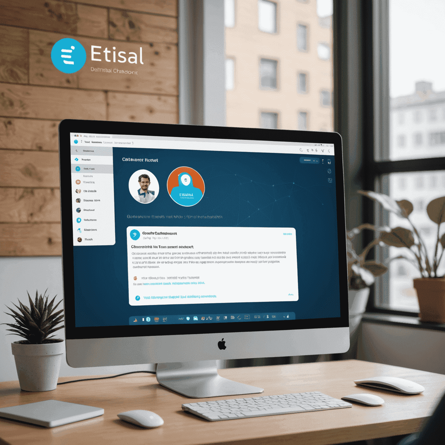 An AI-powered chatbot interface on a computer screen, with Etisal's logo visible. The screen shows a conversation between a customer and the chatbot, demonstrating quick and efficient responses.
