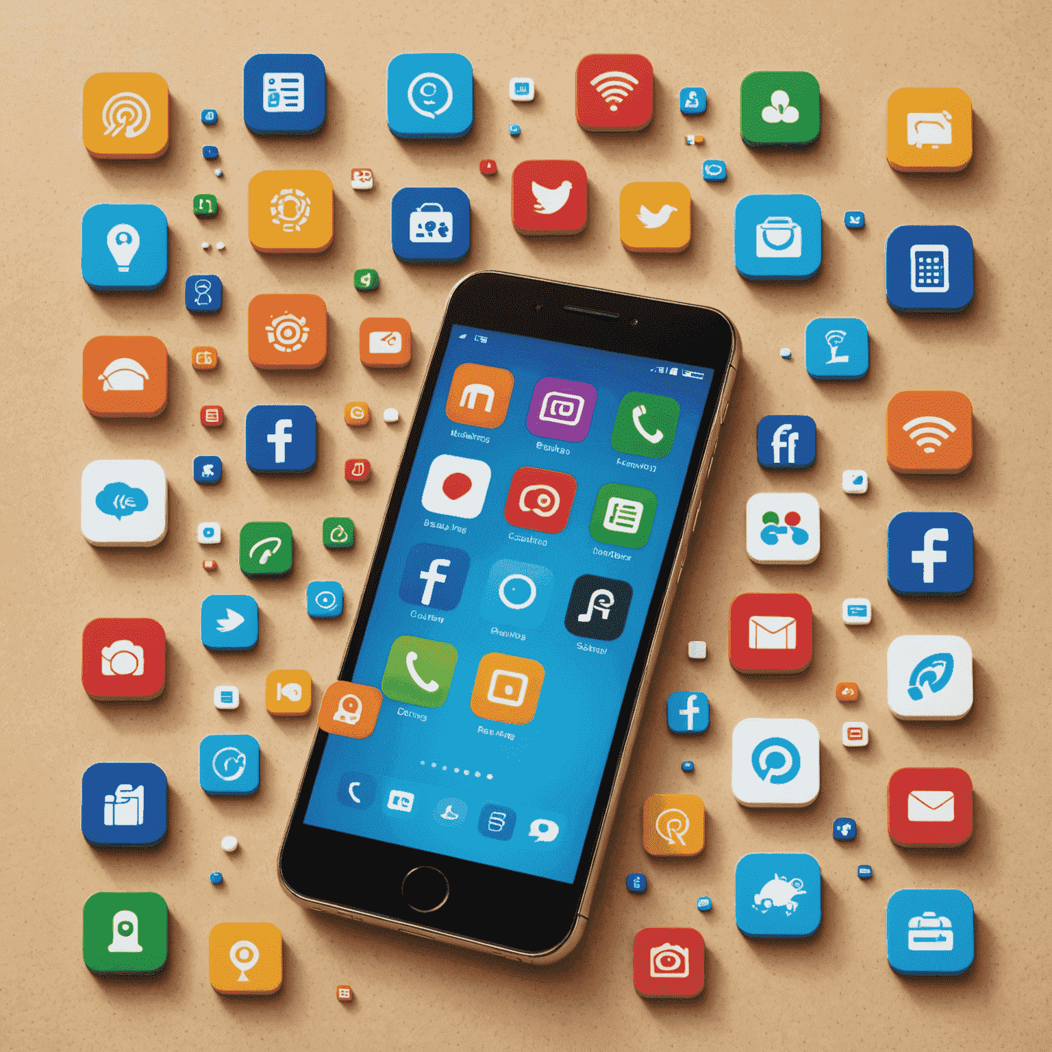 A smartphone displaying various mobile service icons including data packages, voice calls, and international roaming symbols