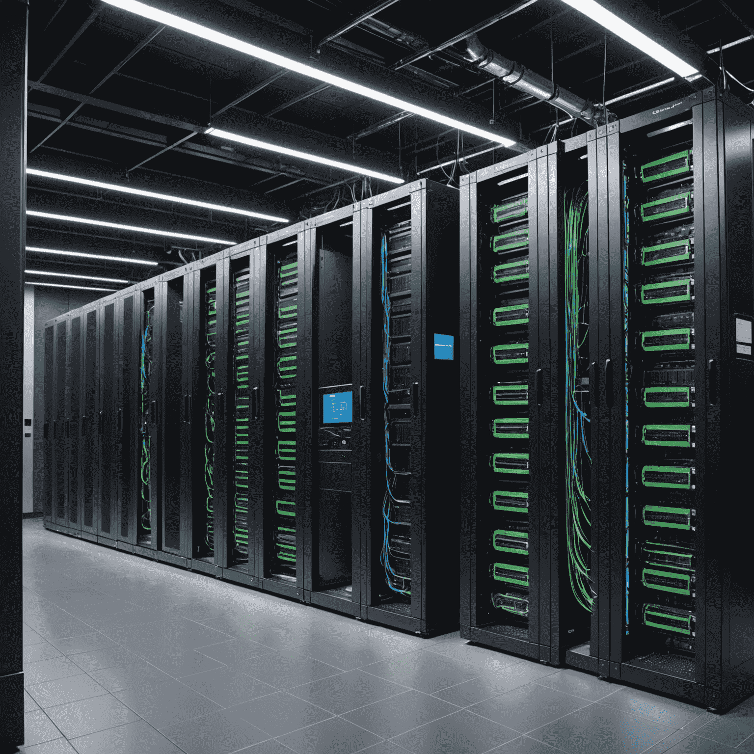 High-speed fiber optic cables connecting server racks in a modern data center, symbolizing dedicated line connectivity