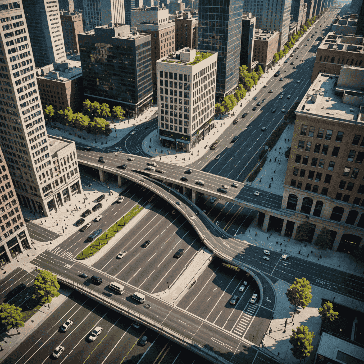 Smart city infrastructure with connected devices, including traffic lights, smart buildings, and autonomous vehicles