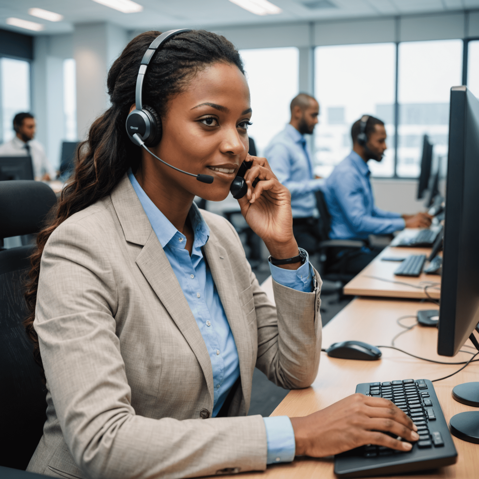 Etisal technical support representative assisting a customer over the phone in a modern call center environment