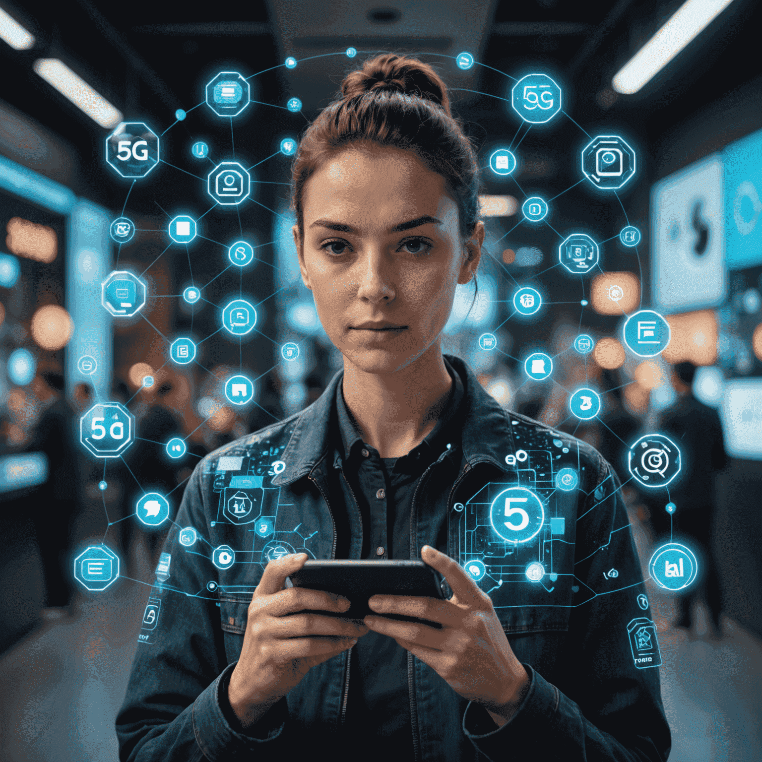 A person using a smartphone with 5G icon, surrounded by futuristic holographic displays showing various apps and services