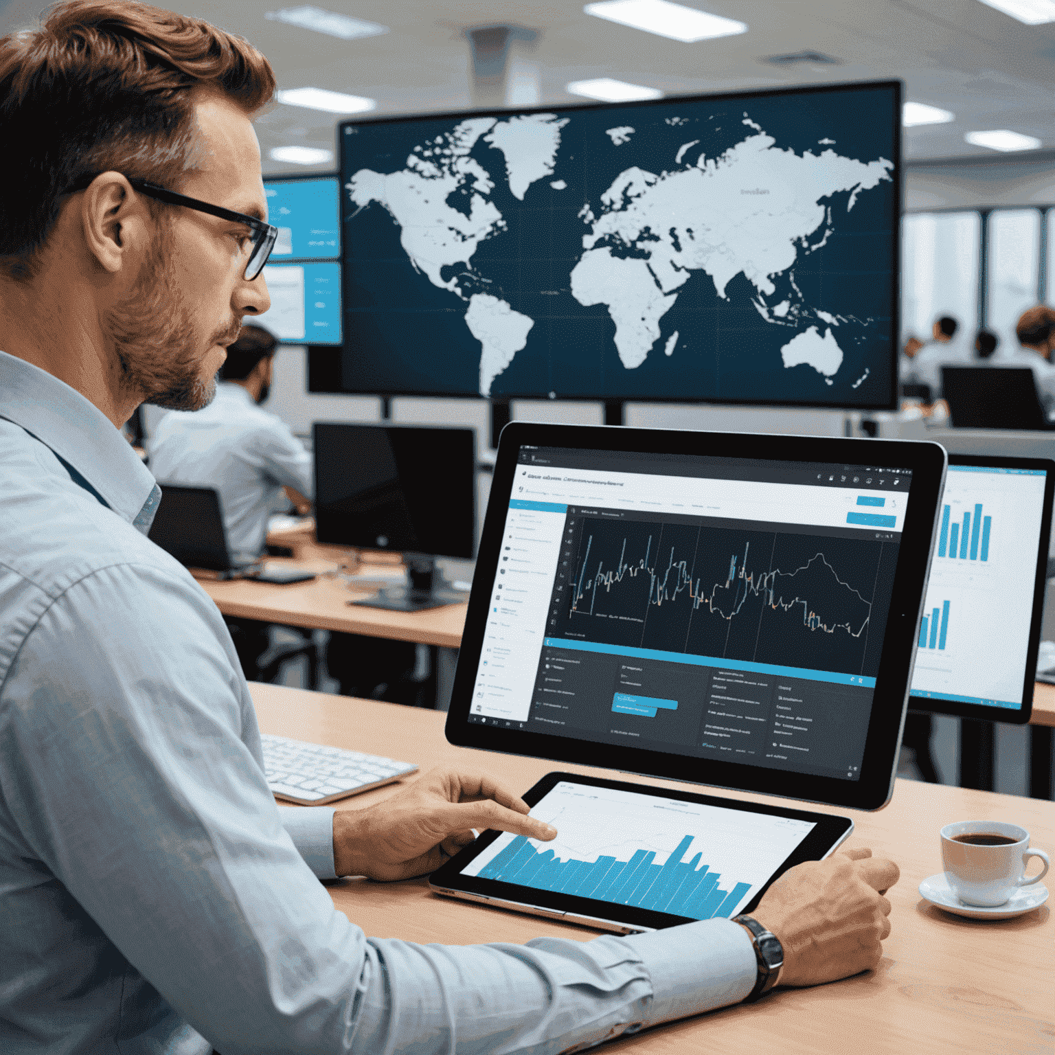 A split-screen image showing Etisal's network operations center on one side and a satisfied business client using a tablet in a modern office on the other, symbolizing the seamless integration of Etisal's solutions into business operations.