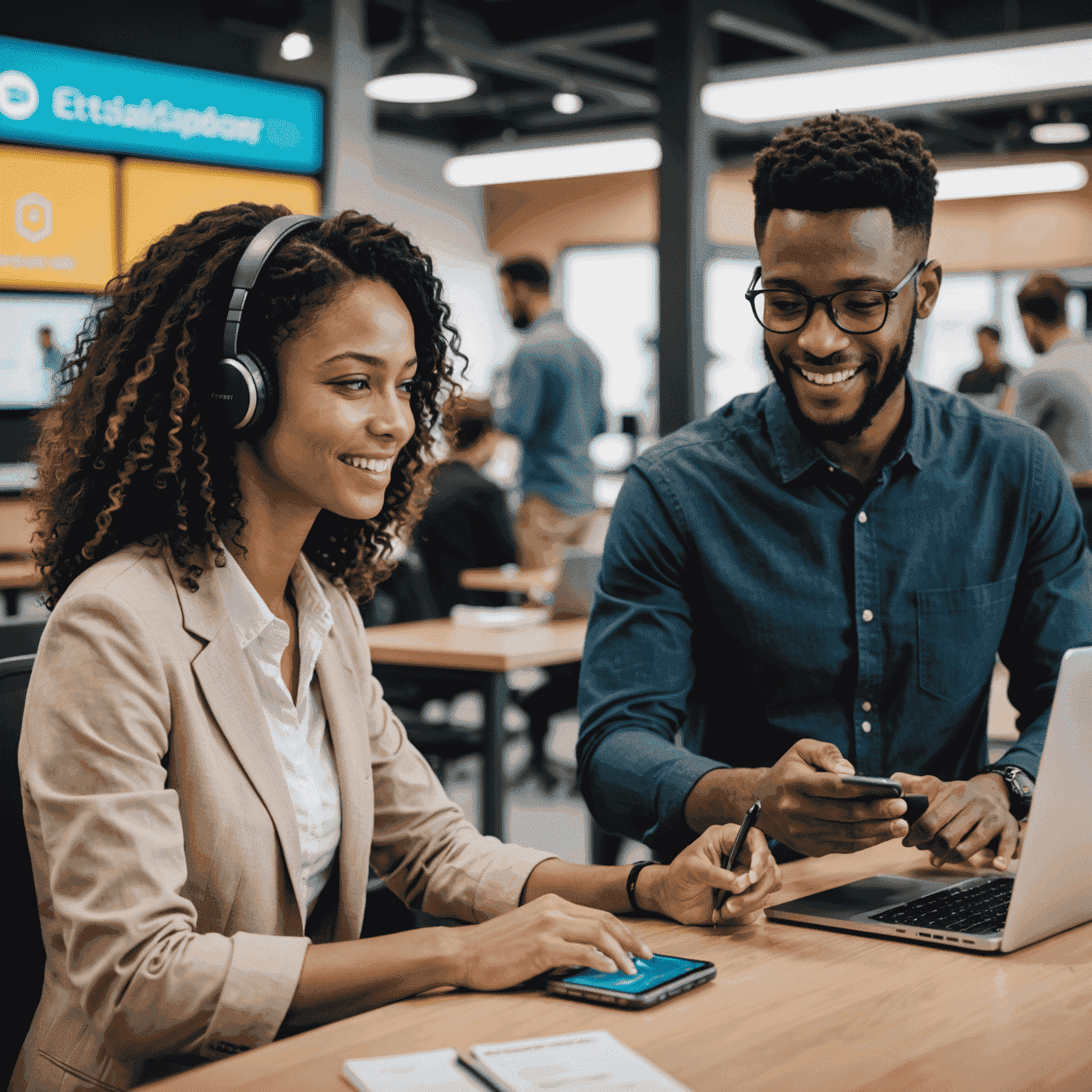 A split-screen image showing a satisfied customer using their smartphone on one side, and Etisal's customer service team working with AI assistants on computer screens on the other side.