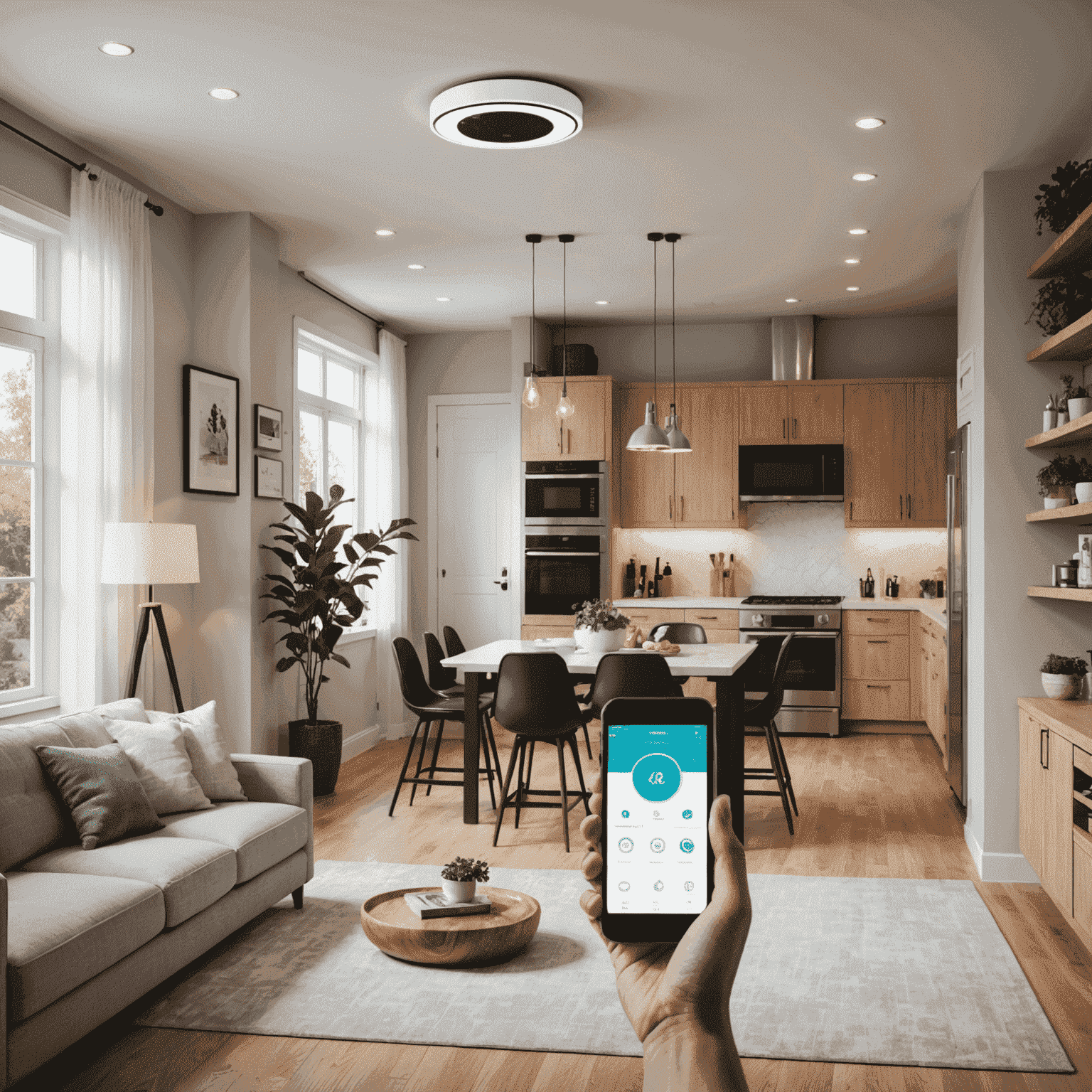 Smart home interior with connected devices such as thermostat, security cameras, and voice-controlled lighting
