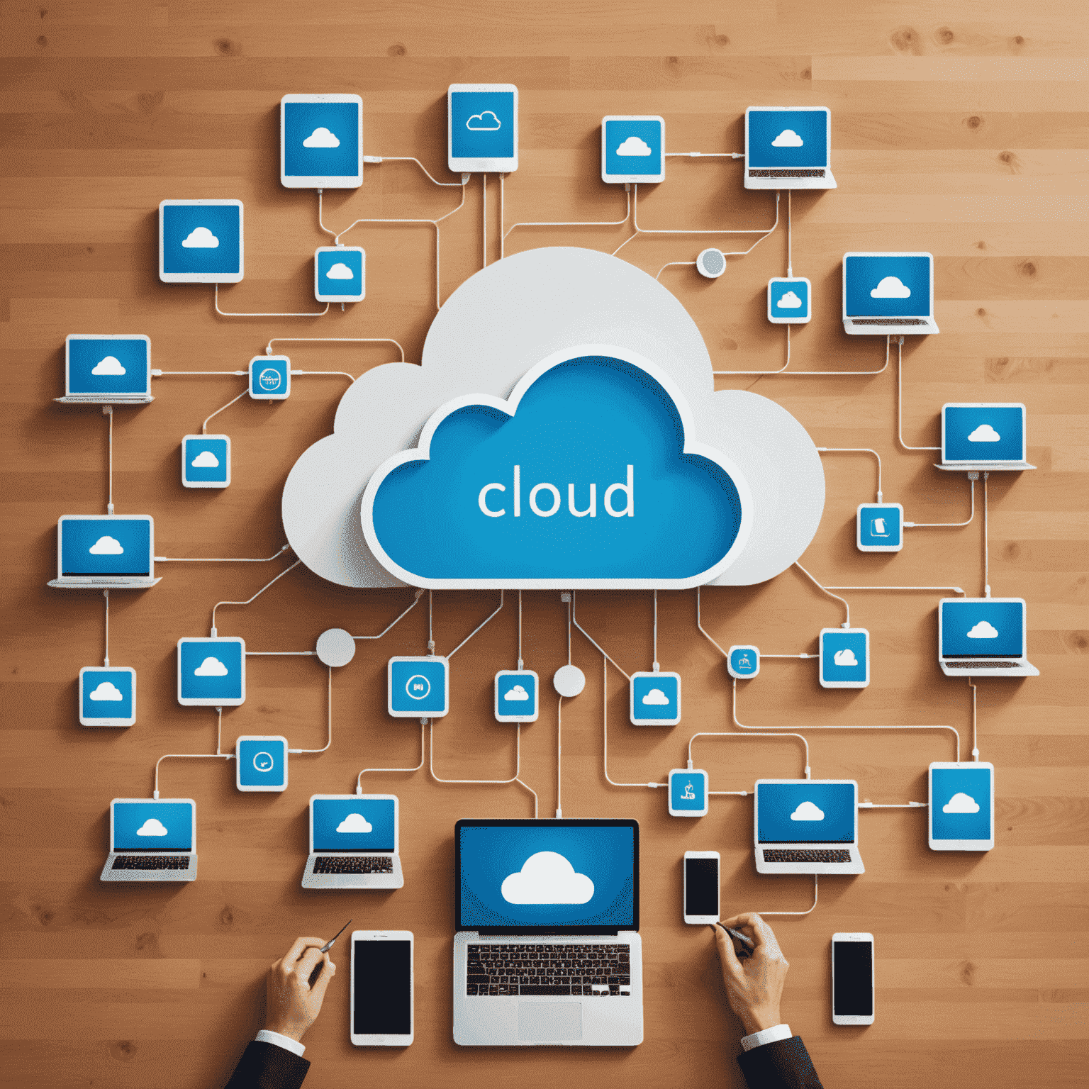 Cloud computing concept with various connected devices and cloud icons, showcasing seamless integration of cloud services