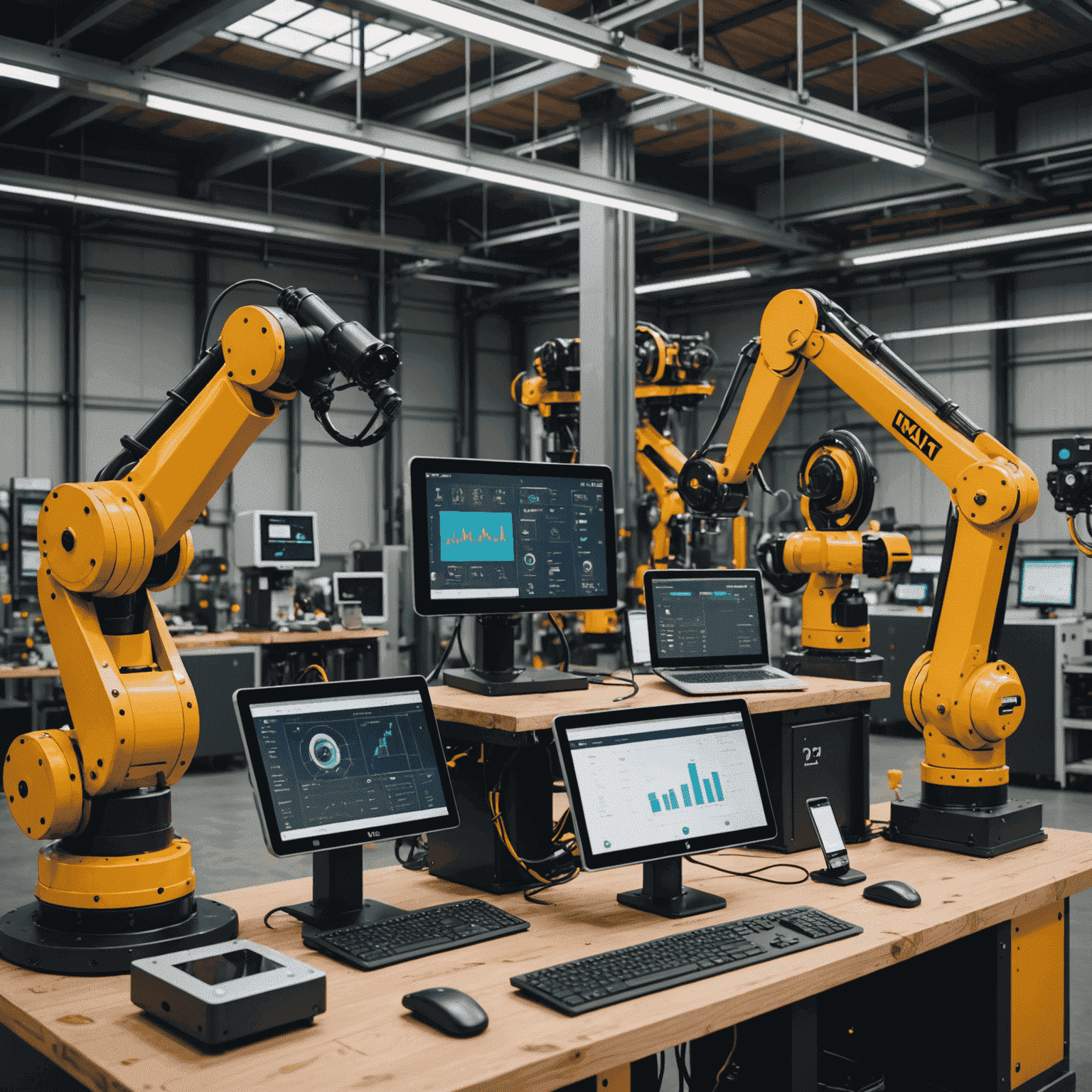 Industrial IoT setup with connected machinery, robots, and real-time data analytics dashboard