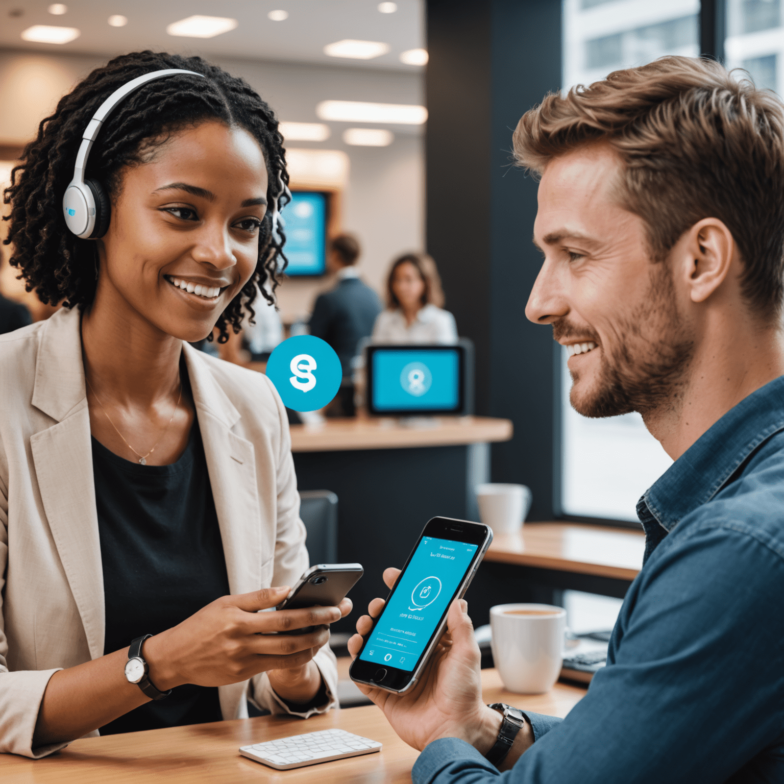 A split-screen image showing a customer interacting with an AI chatbot on a smartphone and a satisfied customer service representative