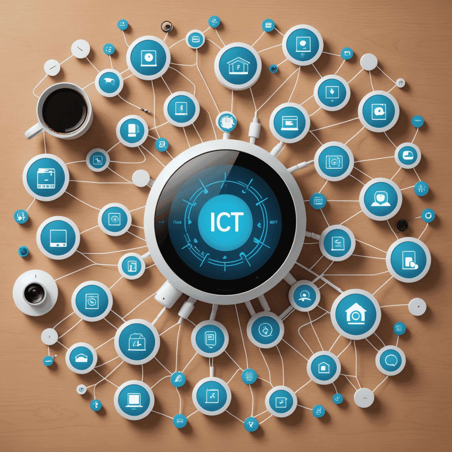 Various IoT devices and smart home gadgets connected to a central hub, illustrating the concept of smart technology solutions