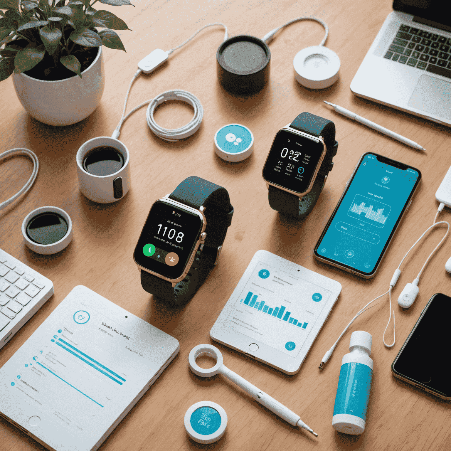 Healthcare IoT devices including wearable health monitors, smart pills, and telemedicine setup