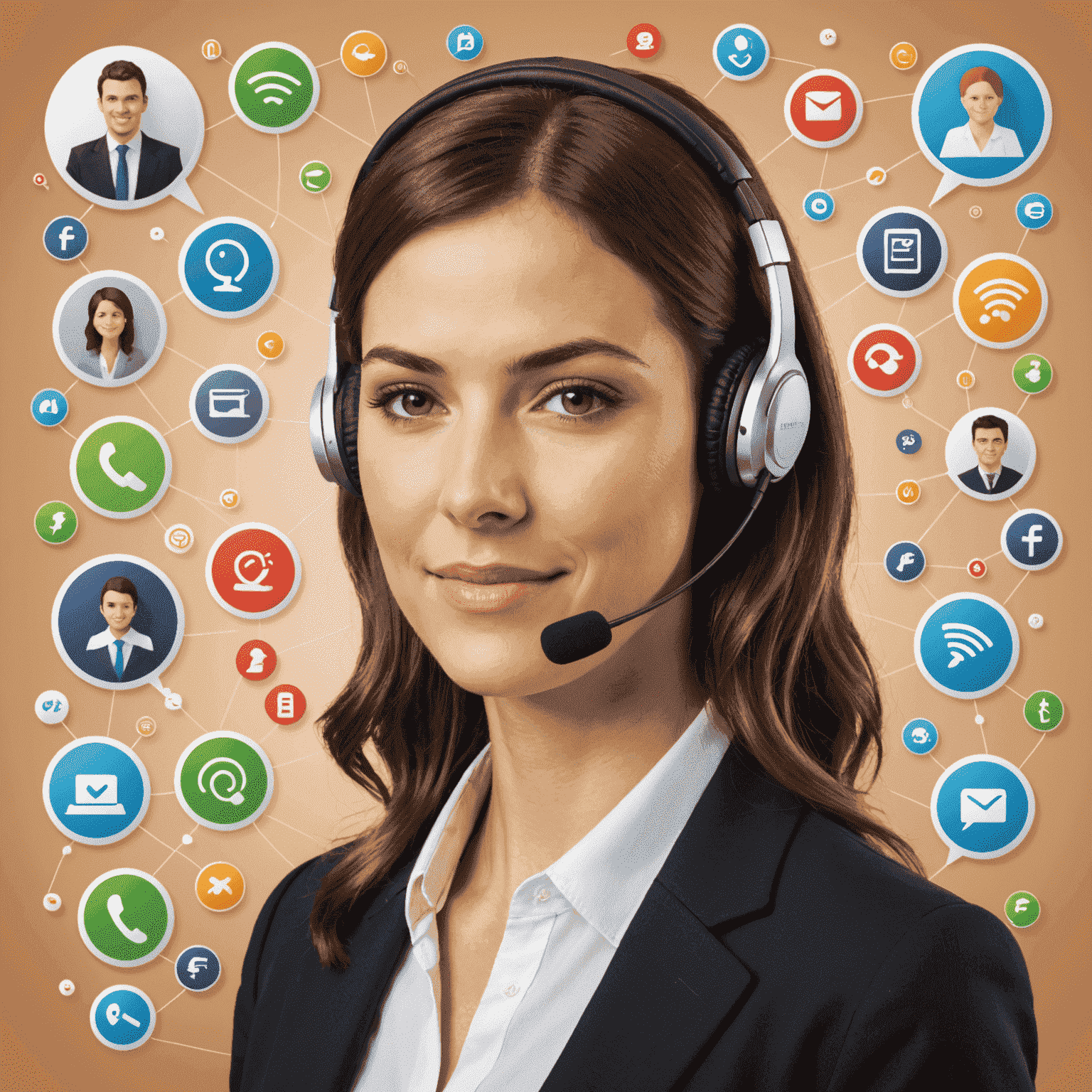 A friendly customer service representative with a headset, surrounded by icons representing various support channels like phone, chat, and email